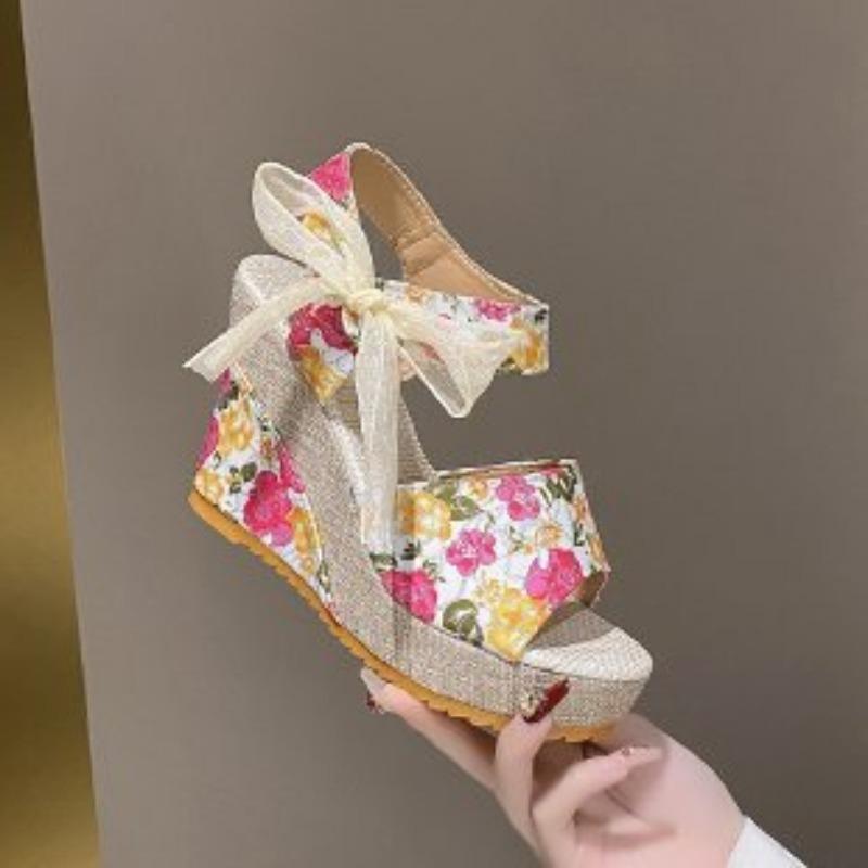 Large size spring new bohemian fashion wedge heel lace print fish mouth wedge heel casual sandals women