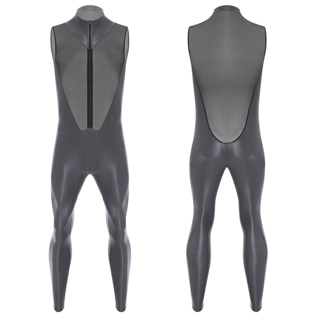 Mens Glossy Sheer Mesh Jumpsuit Front Zipper Sleeveless Design Zipper Crotch Long Leg Catsuit