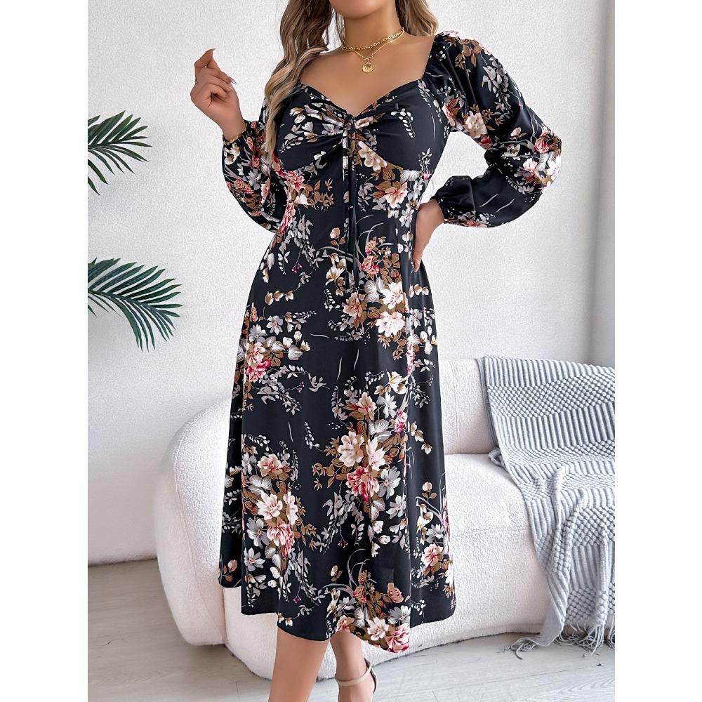Spring Summer Sexy Tie Knot Floral Long Sleeve Split Dress Women's Dresses Skirt