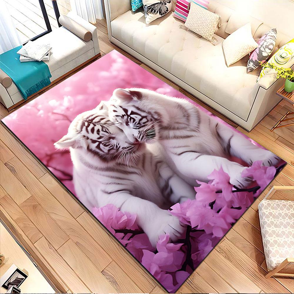 "White Tigers in Pink Blossom Scenery" Patterned carpet, non slip mat suitable for living room and bedroom sofas