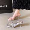 French thin strap square head one-word sandals women niche high-heeled sandals women 2025 summer silver fine heel temperament versatile