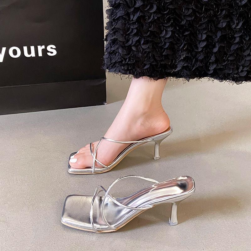 French thin strap square head one-word sandals women niche high-heeled sandals women 2025 summer silver fine heel temperament versatile