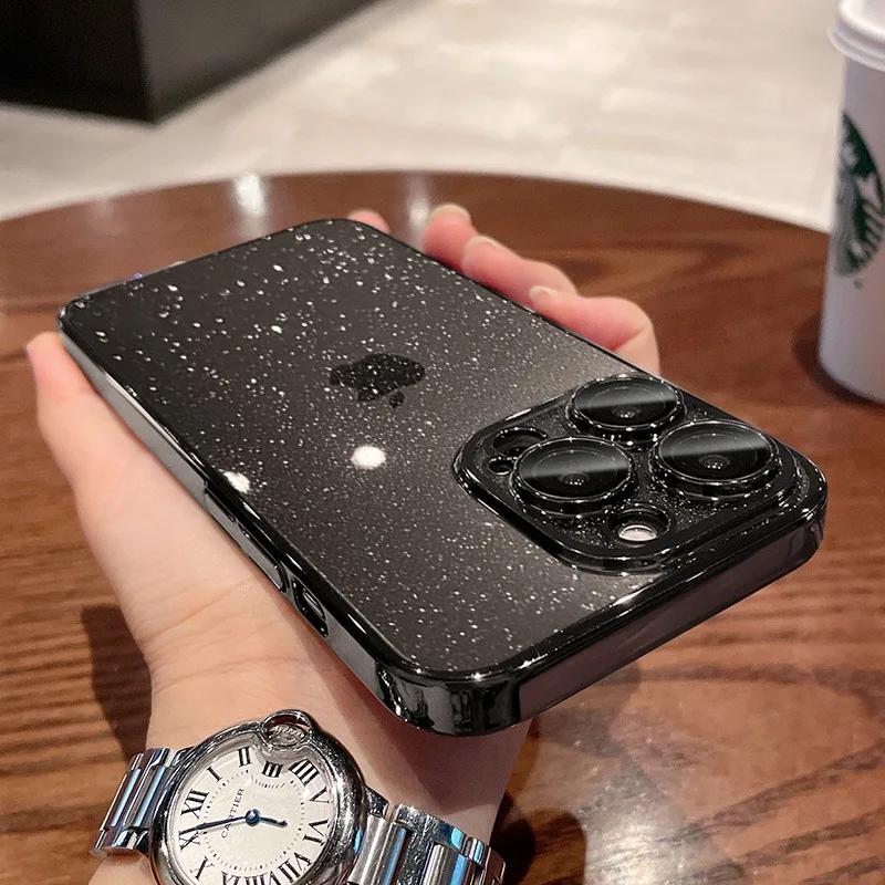 Glitter Transparent Hard PC Slim Case for iPhone 16 15 14 Pro Max Plus 13 12 11 Plating Clear Camera Protector Ultra Thin Cover