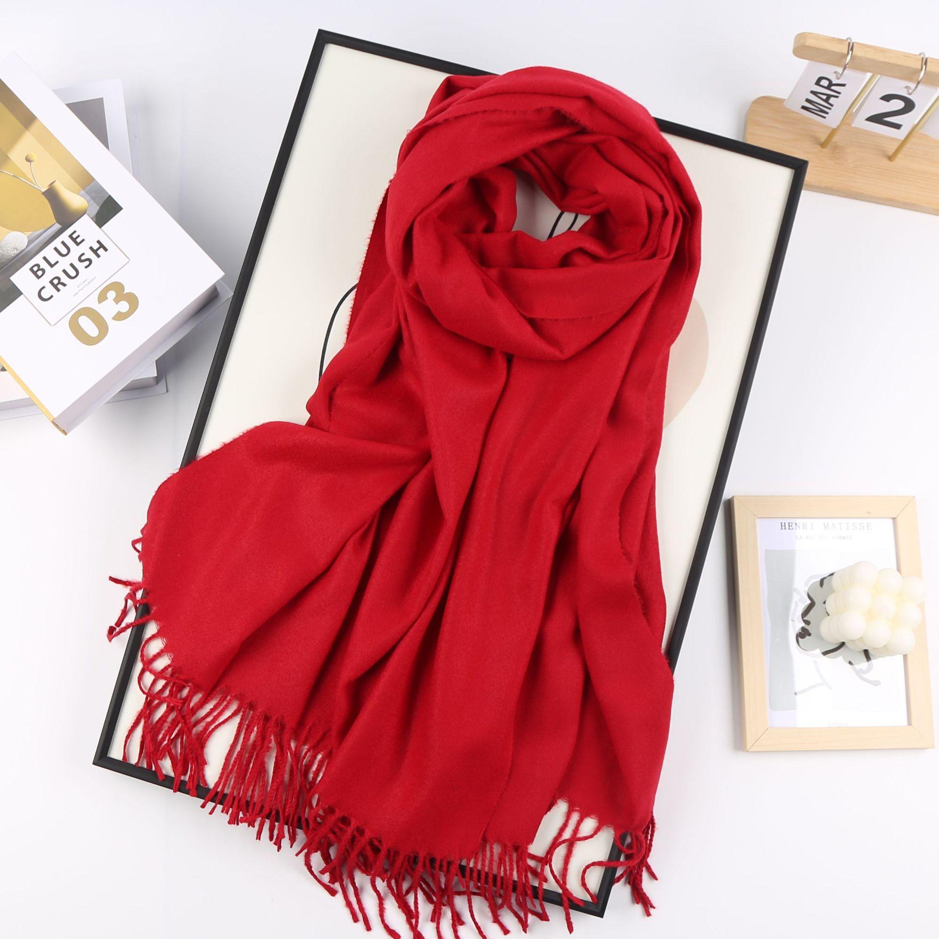 

Женский однотонный мягкий шарф с бахромой, зимний теплый удобный шарф из искусственной пашмины и шаль для женщин, рождественский модный шарф красного цвета one size