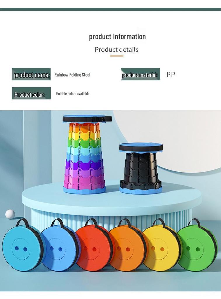 Rainbow Retractable Portable Camping Stool - Round, Plastic Folding Design.