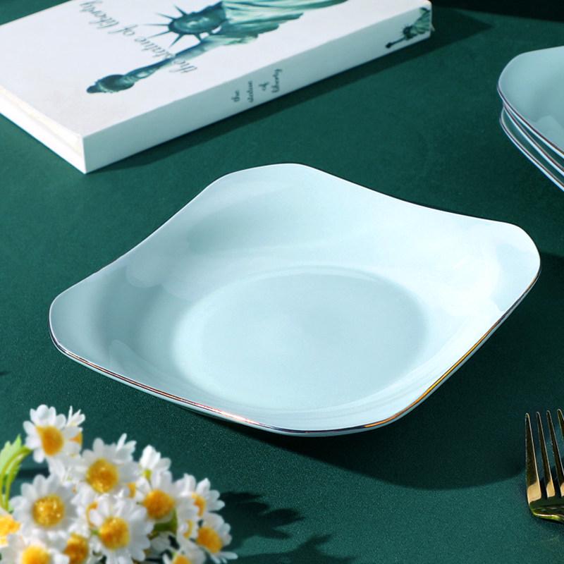 Gold Rim Celadon Square Plate - Light Luxury Ceramic Tableware Set