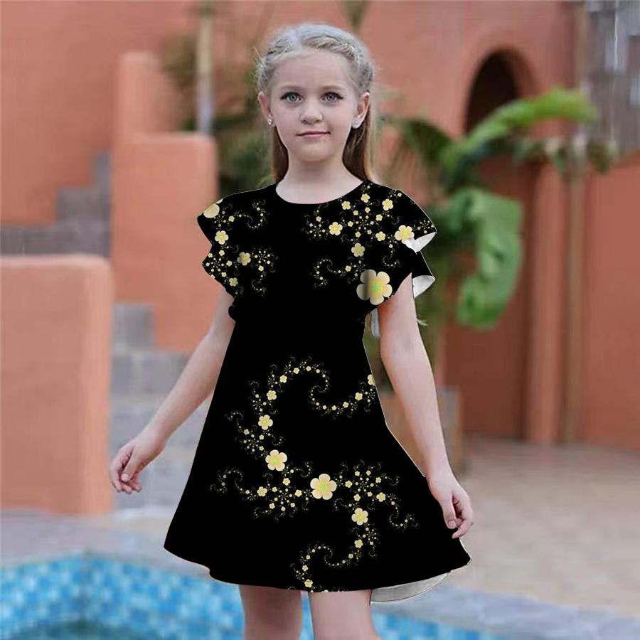 

Платья с цветочным принтом для девочек, детское праздничное платье для девочек, свободное облегание, свободная юбка с короткими рукавами для девочек старше четырех лет 180 жёлтый