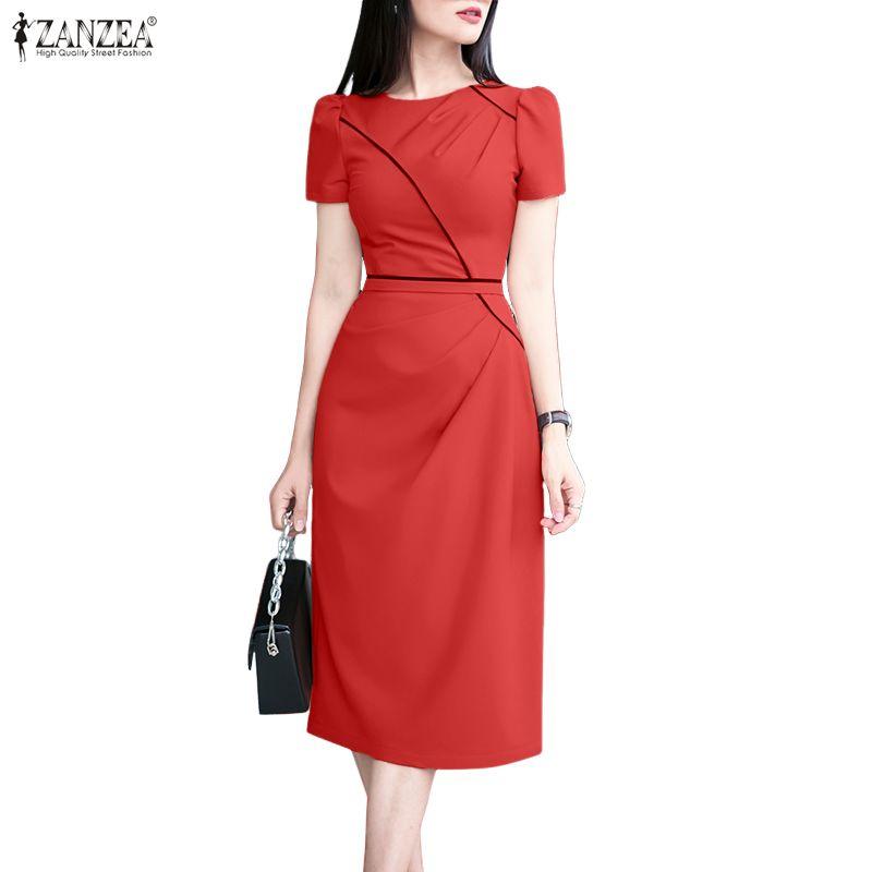 ZANZEA Women Casual Round Neck Summer Short Sleeve Sheath Dress
