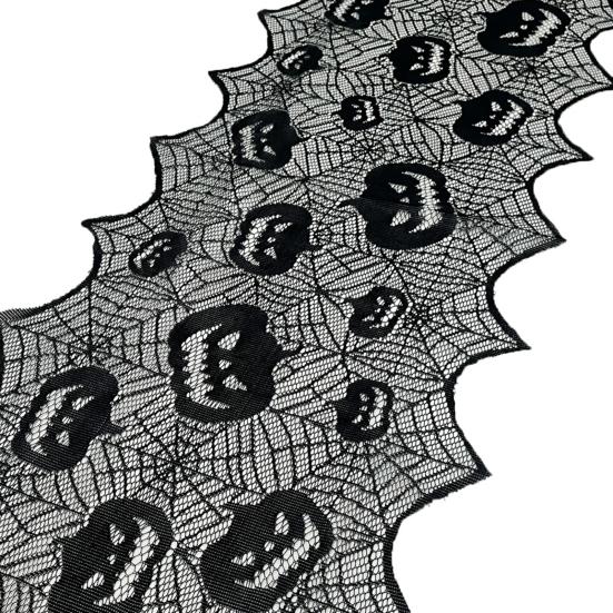 Halloween Tischläufer, 70 x 15 Zoll Schwarzer Spitzen-Spinnennetz-Tischläufer, Gruselige Gotische Kürbis-Esstischdekoration für Halloween-Küchendekor,