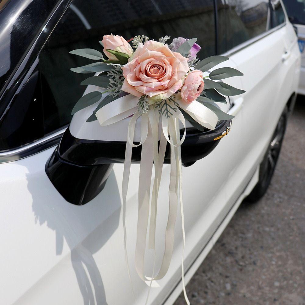 Bridal Car Door Handle Mirror Flowers Romantic Artificial Roses  Ceremony Party Decor