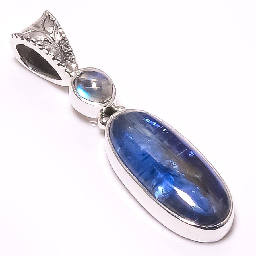 Natural Kyanite, Rainbow Moonstone 925 Solid Sterling Silver Pendant 1.26" O1v94