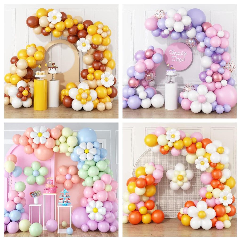 Colorful Macaron Daisy Wedding Dessert Table Decoration Set with Balloon and Flower Garland