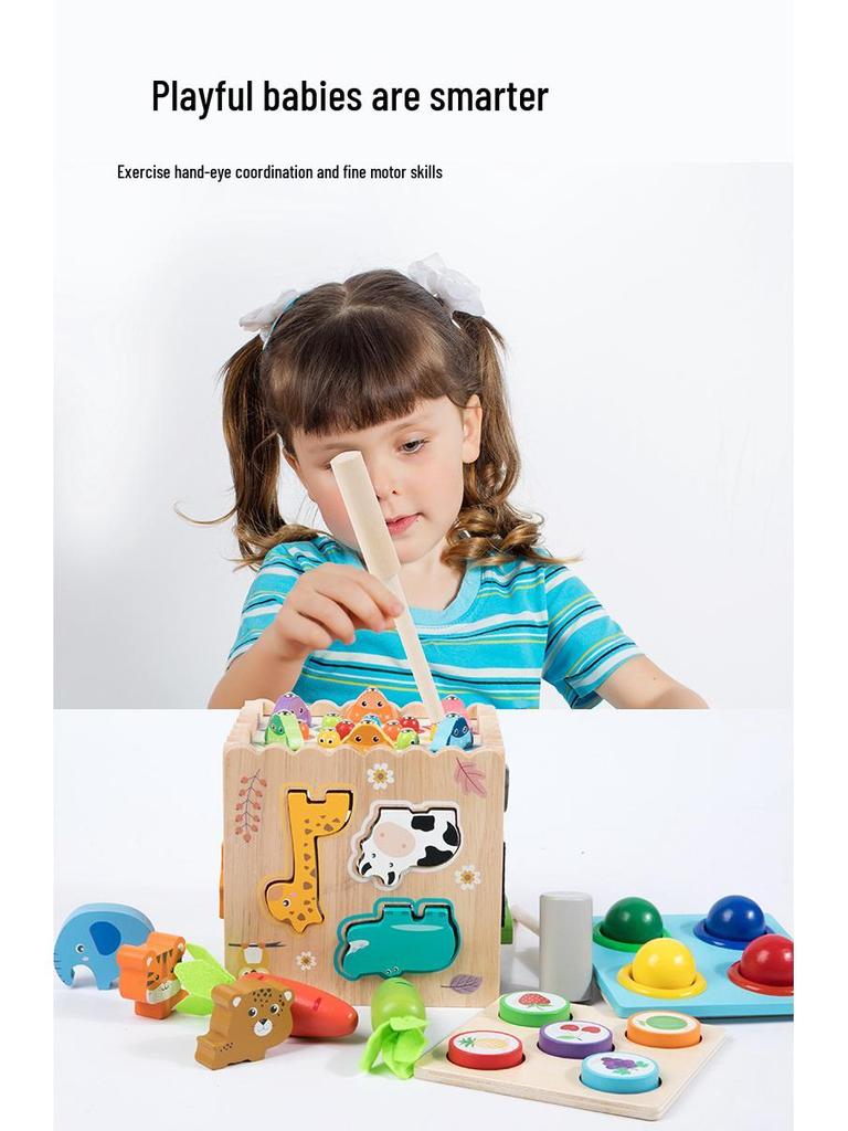 8-in-1 Montessori Educational Toy: Animal Matching, Knocking Balls, Clock, Fishing, and Radish Pulling Puzzle Box for Kids