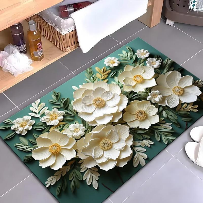 Home Floor Mat With 3D Pattern Non Slip Bath Shower Mat Water Absorbent Mat For Bathroom And Doorway Expandable Flower Rug