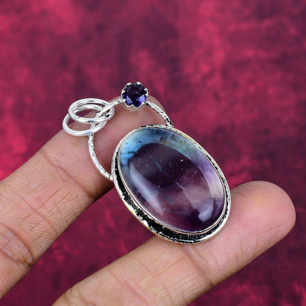 Fluorite & Amethyst Handmade Gemstone Pendant, 925 Solid Sterling Silver Pendant Antique Jewelry, Pendant For Thanksgiving