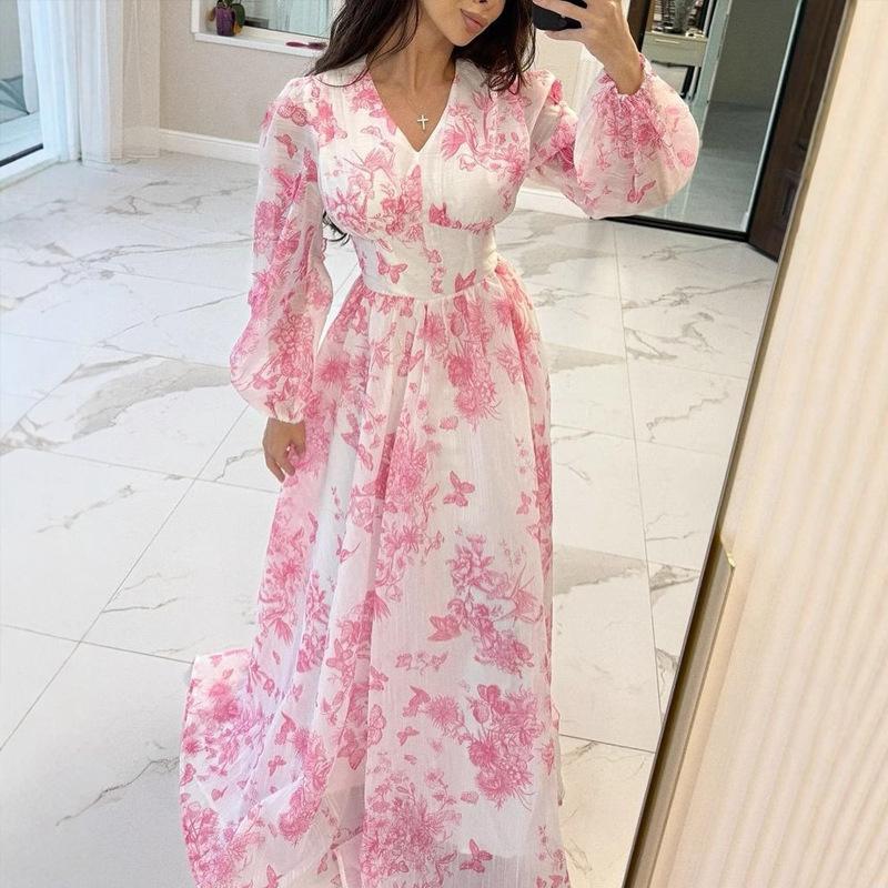 Summer new European and American high-waisted temperament French slim-fitting long-pendulum holiday dress