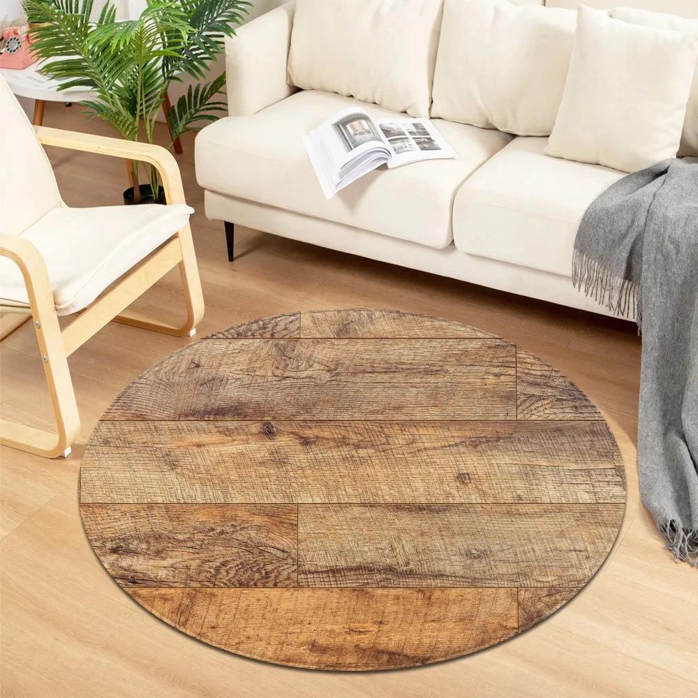 Wooden Pattern Round Area Rug, Soft Chenille Anti Slip Circle Carpet for Living Room, Bedroom, Bathroom, Home Floor Mat Decor