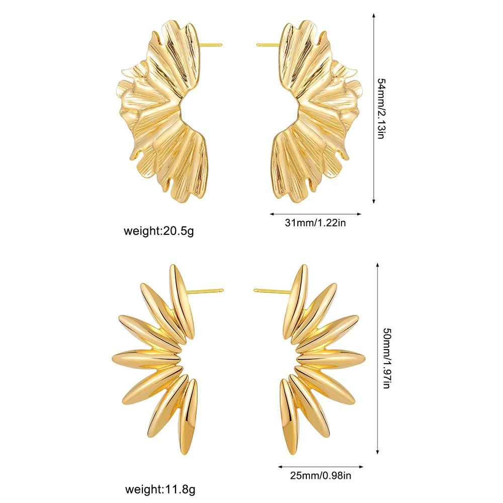 Punk Exaggerated Gold Plated Wrinkled Leaf Earrings For Women Symmetric Fan-shaped Statement Earring Vintage Zircon