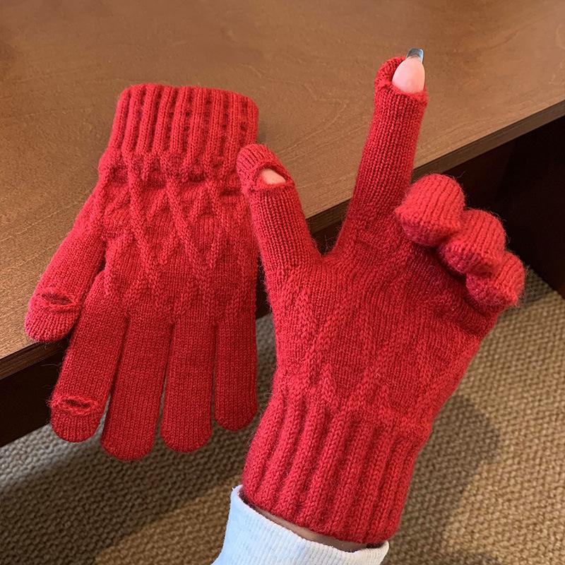 

Japanese Retro Knitted Warm Woolen Gloves for Women in Winter with Fingertips and Touch Screen for Students Riding Bicycles To Prevent Wind and Cold one size