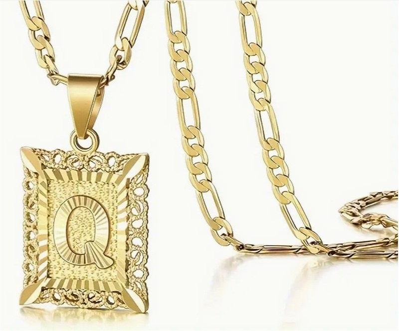 Initial Letter Pendant Necklace for Men Women 14K Gold Plated Square Necklace 26 Letters Long Chain Necklace GZW