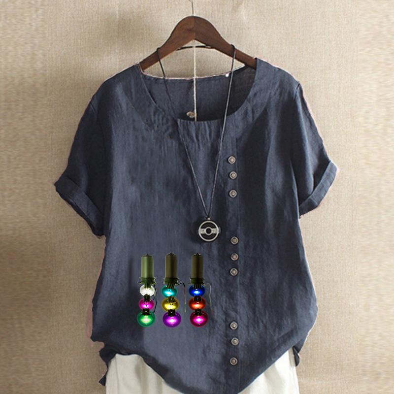 Women's Fashion Round Neck Short Sleeve T-shirt Casual Cotton Linen Graphic Shirt Leisure Loose Electric Light String Prined Summer Blouse Tops