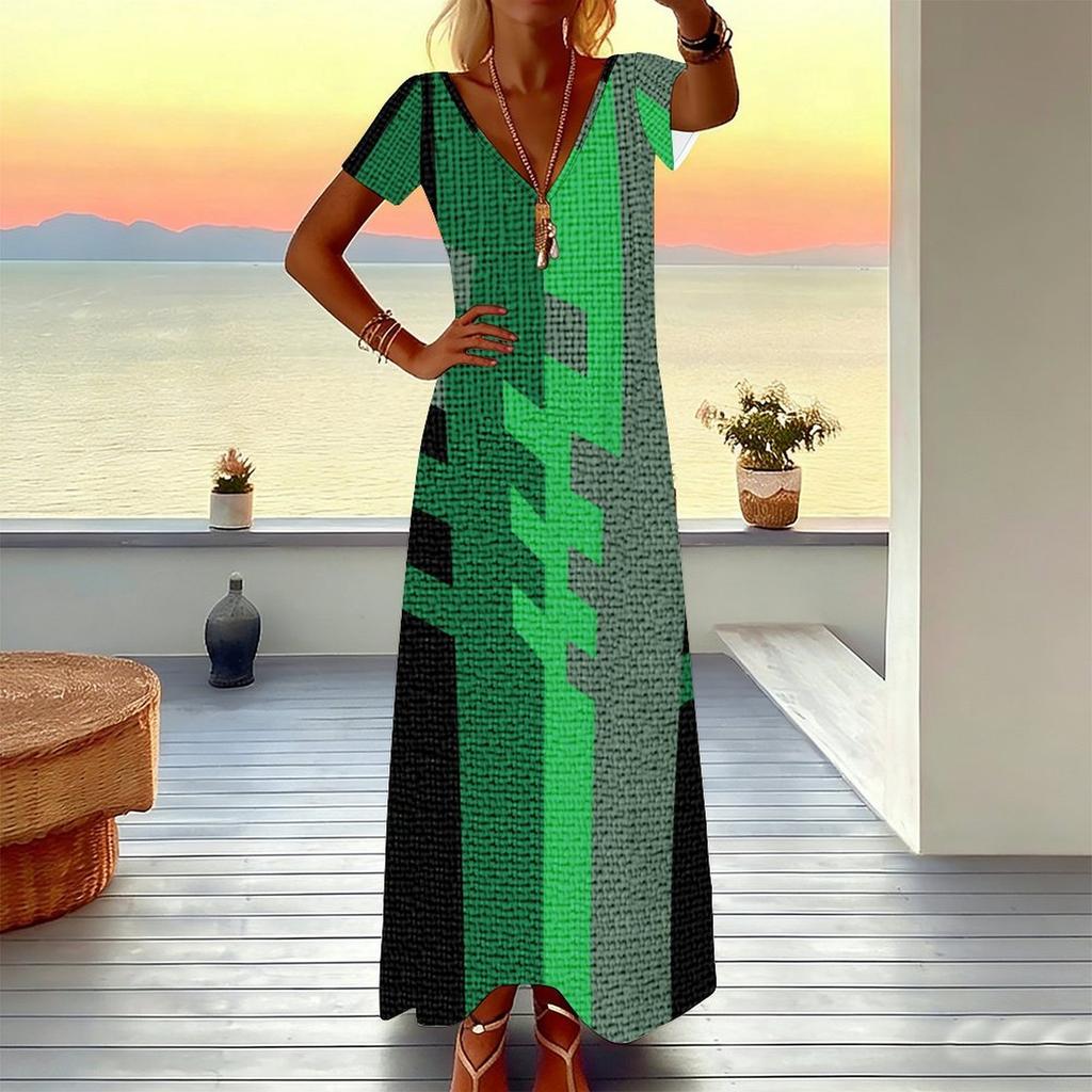 Women Plus Size V Neck Short Sleeve Maxi Dress Black Beige Brown Geometric Block Print Loose Long Dress