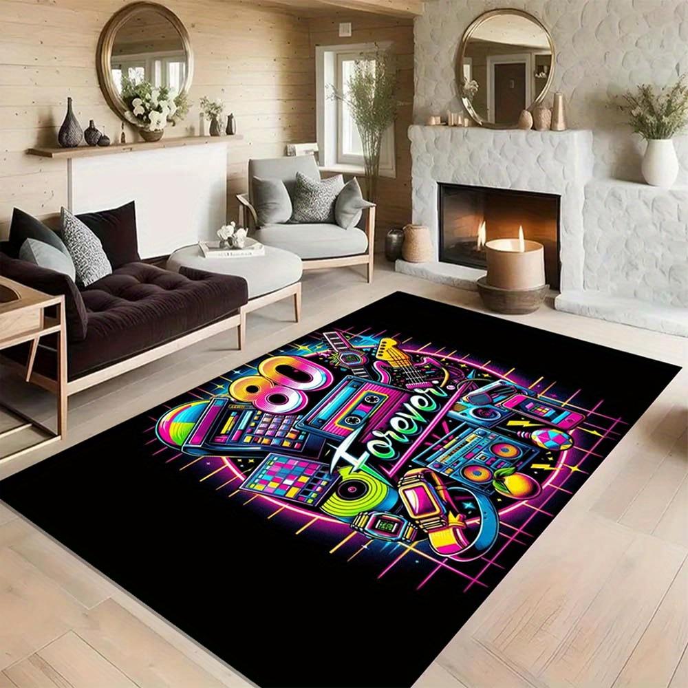 Vintage 80 Style Area Carpet-Vibrant Neon Music Theme Anti-Slip Home Decorative Carpet for Bedroom, Office or Ballroom