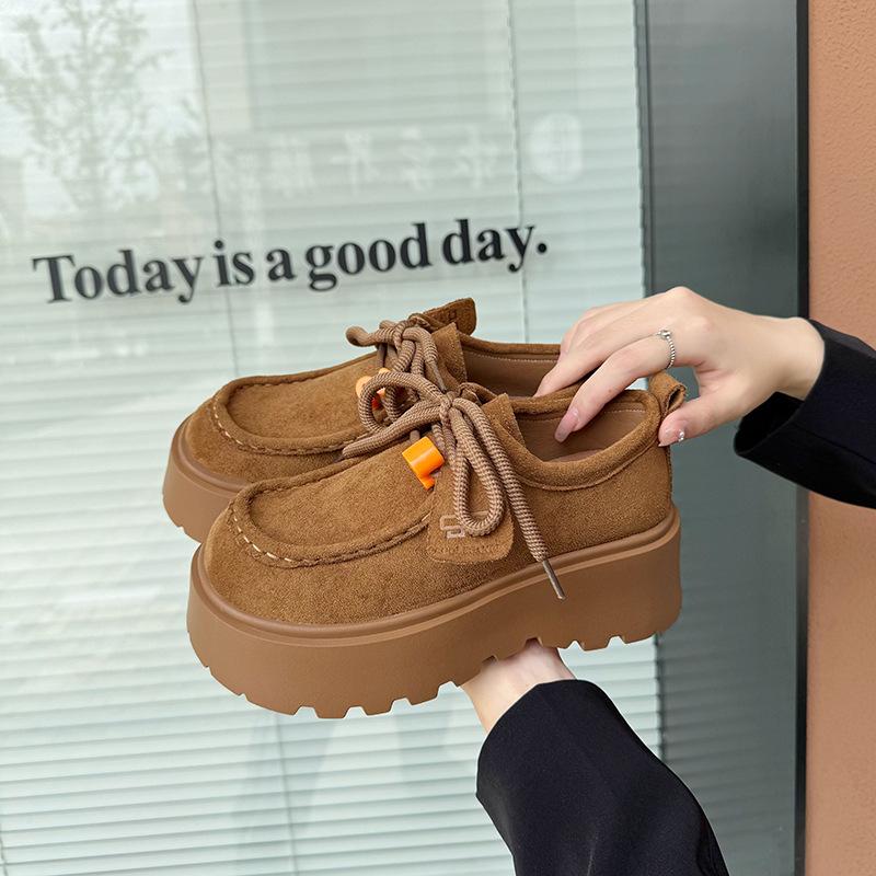 Muffin thick-soled lace-up women's new spring and autumn retro versatile small man height-increasing cotton shoes