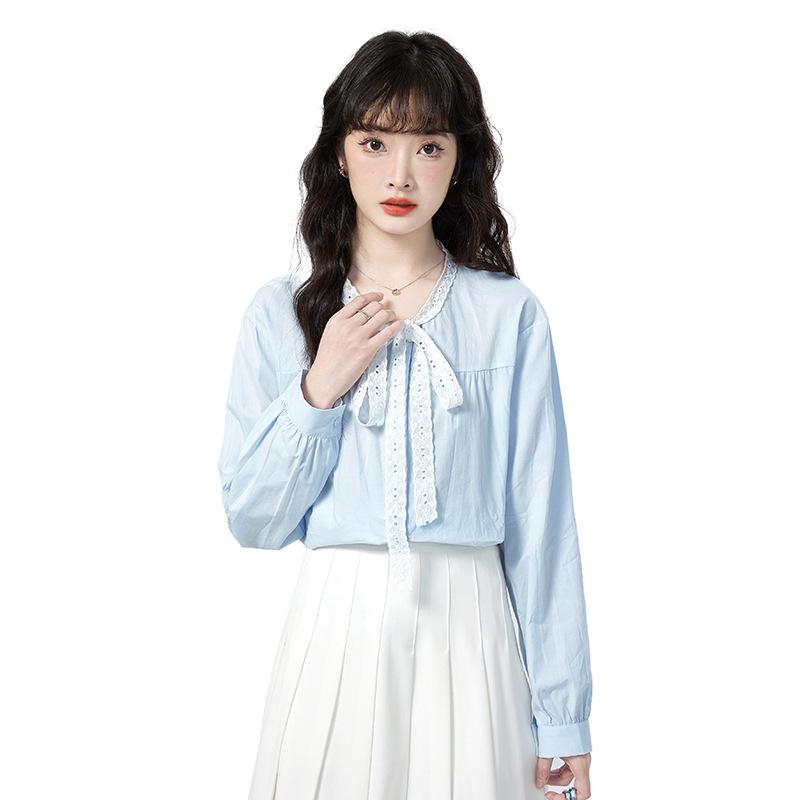 2026 Spring Lace Tie Loose Collar Long Sleeve Women's Shirt