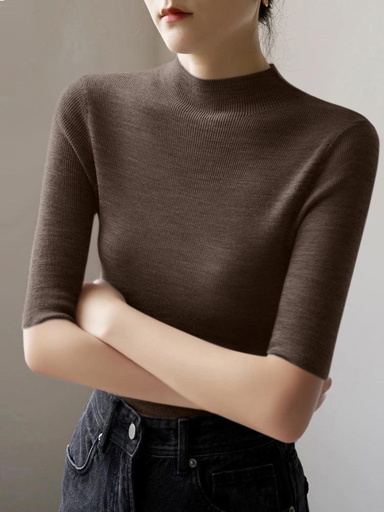 Women Mock Neck Pullover Five‑Quarter Sleeve Slim Knit Sweater Solid Color Basic Undershirt S‑3XL