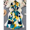 Mild Luxury Retro Summer Shoelace Waist Trimming Printing Dress