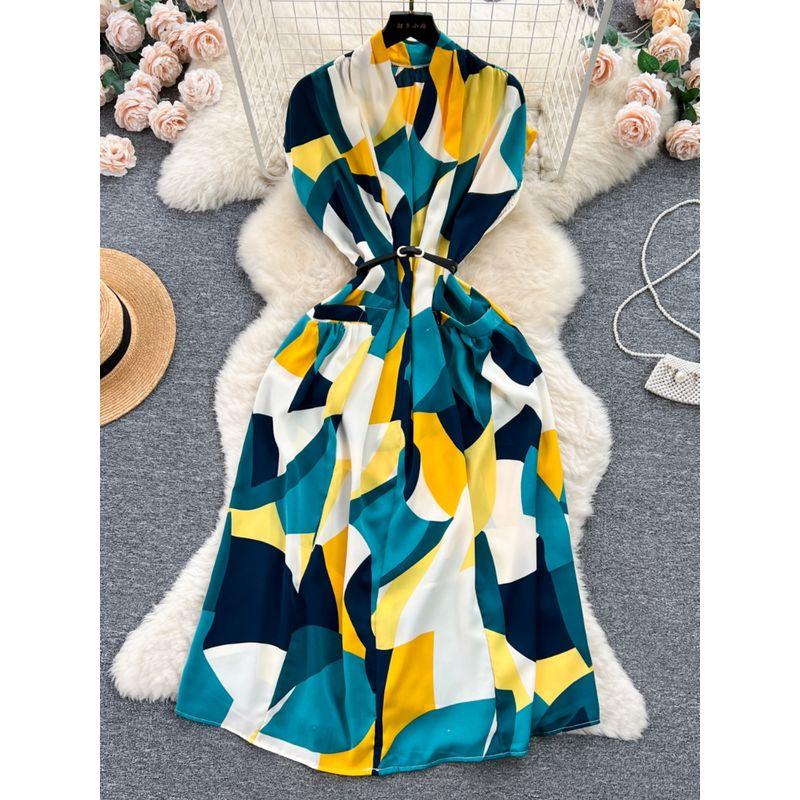 Mild Luxury Retro Summer Shoelace Waist Trimming Printing Dress