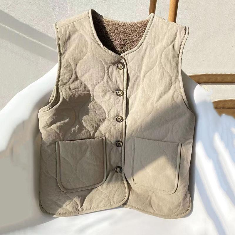 Fashion Cotton Vest Women Lamb Wool Warm Coat Winter New Large Pocket Loose Sleeveless Waistcoat Vest Female Casual Ladies Tops