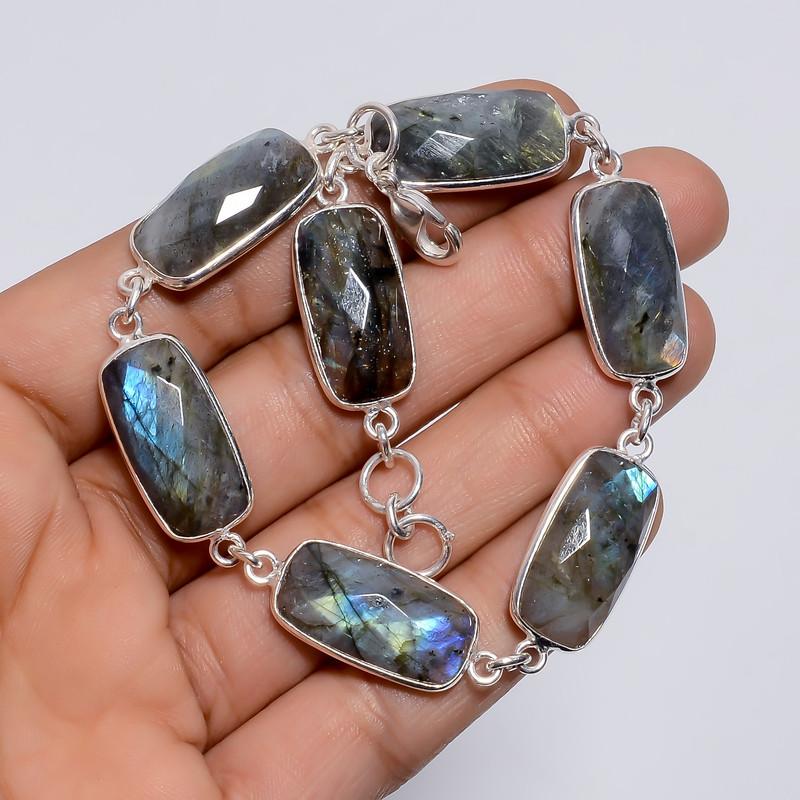 Fabulous Top Grade Qualite 100% Natural Labradorite Radiant Shape Ethnic Style Handmade Jewelry 925 Steling Silver Bracelet 9" WSJ-5245