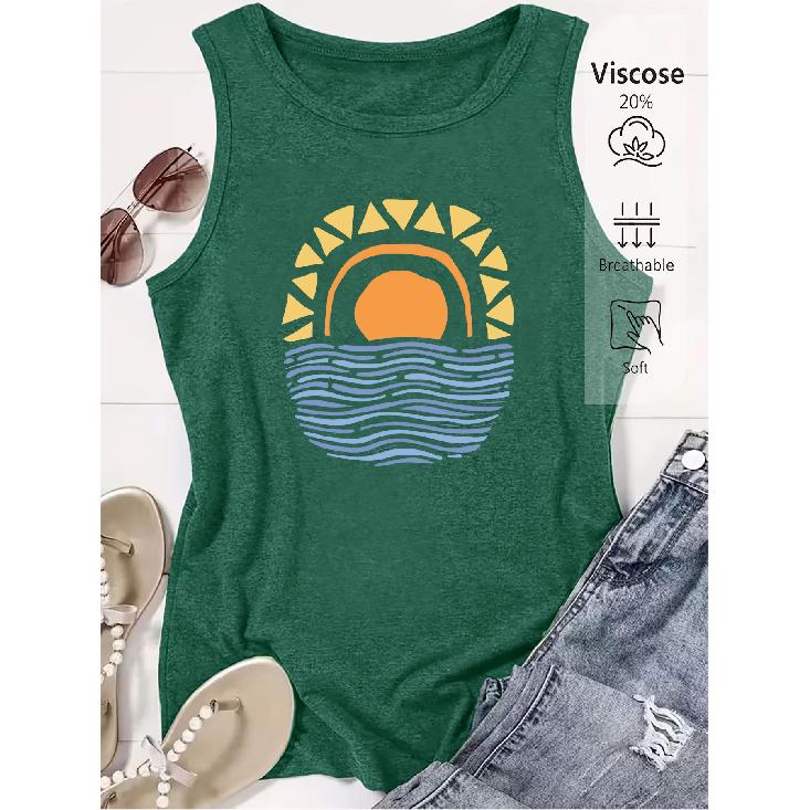 Elegant Vest for Women Geometric Sun Print Casual Loose Summer Vest Fashionable and Elegant Tops for Commuting, Vacation, and Everyday Wear In a