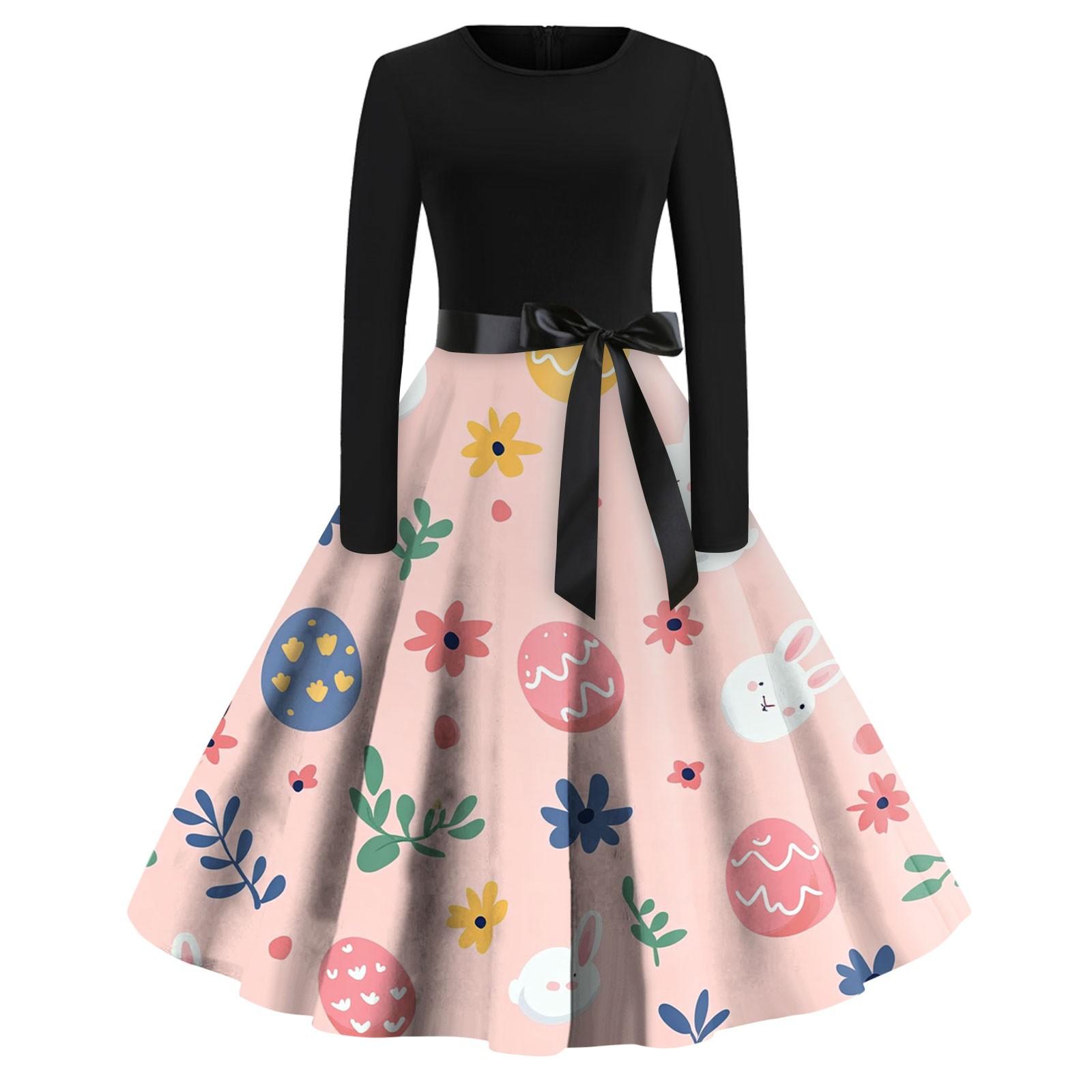 

Женские платья модные повседневные облегающие платья с круглым вырезом и принтом на Пасху с длинным рукавом S