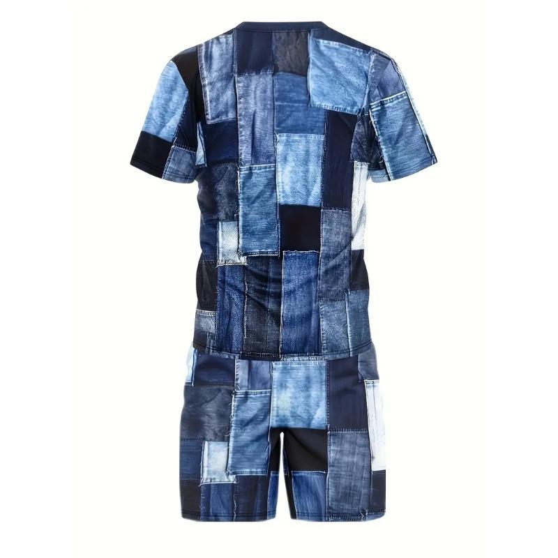 Neuer Herren Zweiteiler Karomuster Mode Herrenanzug Sommer O-Ausschnitt Kurzarm Poloshirt + Shorts Zweiteiler Herrenanzug