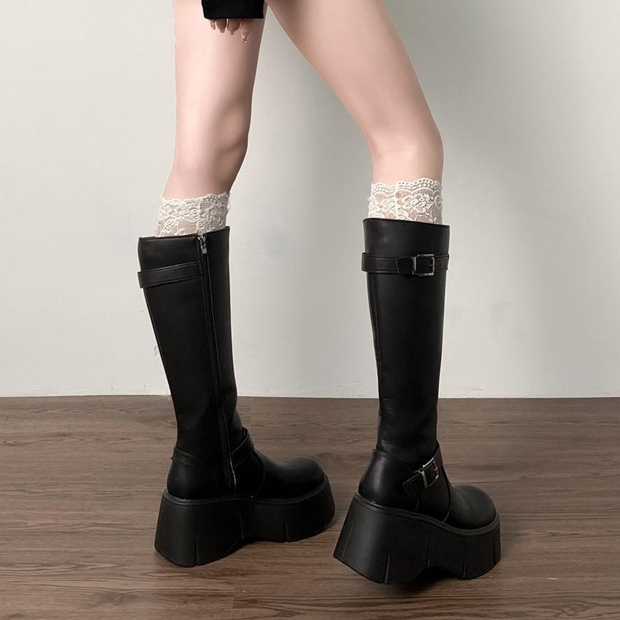 Retro French black platform boots women's 2025 new summer small fat mm thin and heightened knight boots