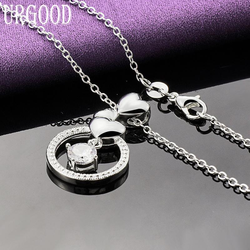 925 Sterling Silver Round Zircon with Heart-shaped Pendant Necklace, Wedding Fashion Jewelry