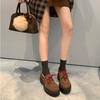 Cowhide~ Grape Mom Same Retro Lace-up Small Leather Shoes Women's Versatile Muffin Platform British College Style Loafers