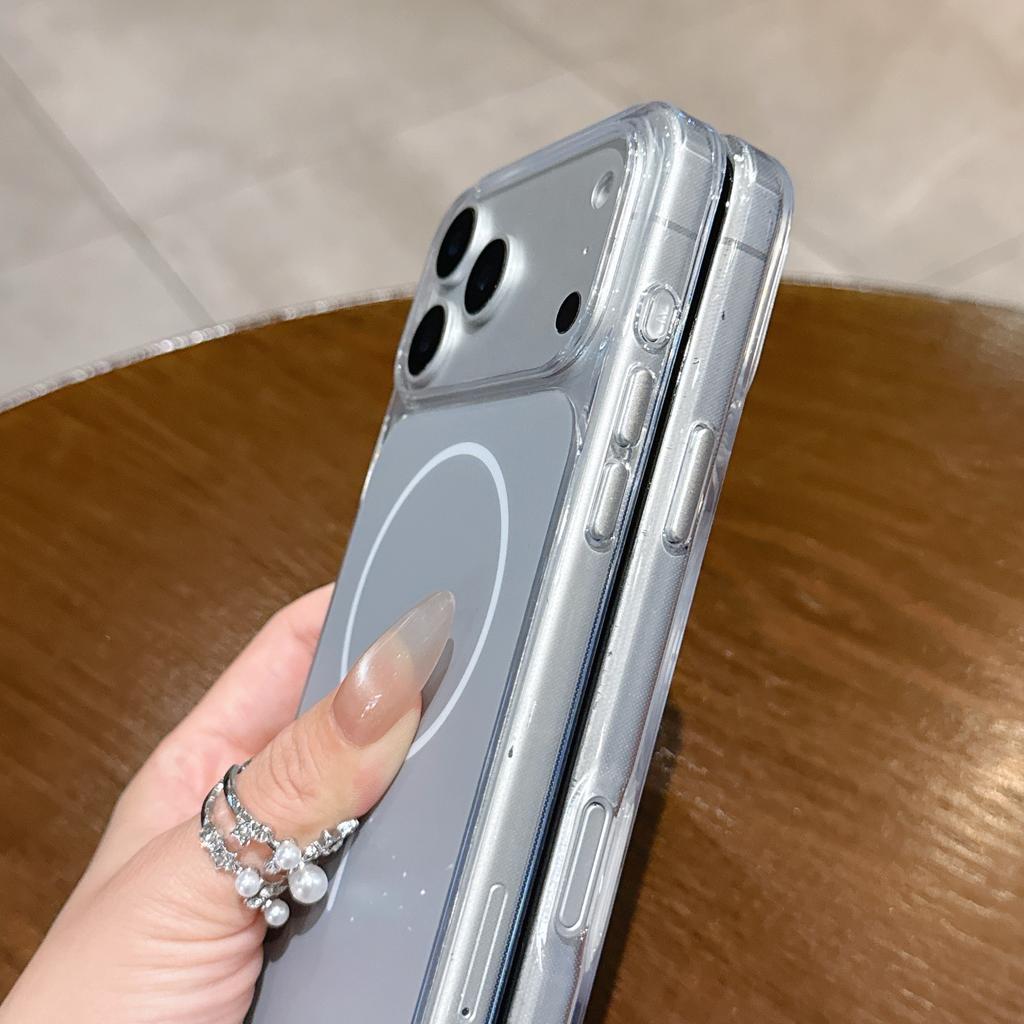 iPhone 17 Air 17 Pro Max 16Pro 15 14 Pro için Metal Düğmeli Şeffaf Manyetik Telefon Kılıfı Magsafe Şeffaf Kablosuz Şarj Sert Koruyucu Kapak