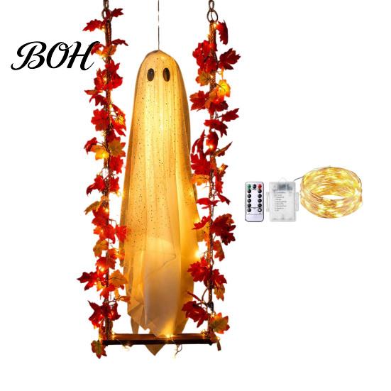 Fantasma di Tessuto Realistico Luminoso Appeso Oscillante Decorazione di Halloween con Telecomando, Grande Bianco Spettrale Ornamento Decorazione Giardino Esterno Foglie d'Acero