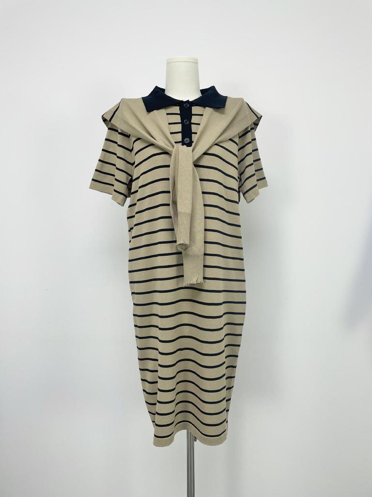 Women's Plus Size Striped Polo Collar Knitted Dress with Shawl - Short Sleeve Long Dress