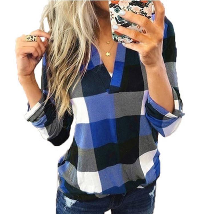 Casual Cotton Blend Plaid Shirt With Printed Vneck For Womens Office Wear