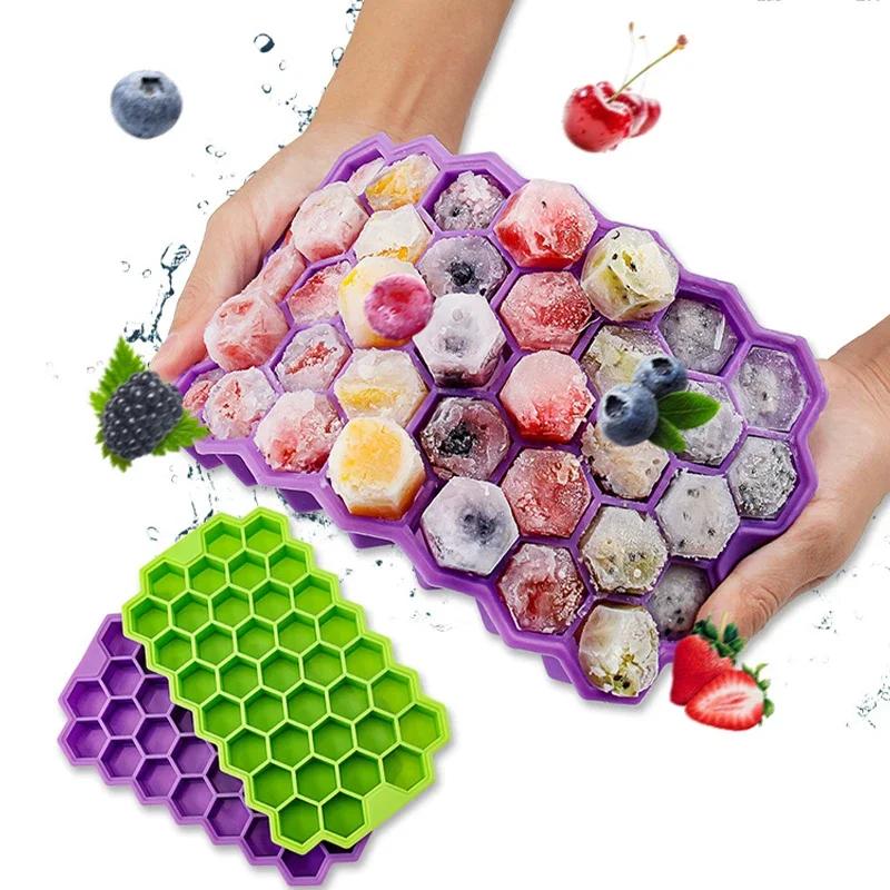 37 Grid Silicone Ice Cube Mold Honeycomb Ice Tray Mold Reusable Ice Cube Maker With Lids Jelly Juice Mold Whiskey Accessories