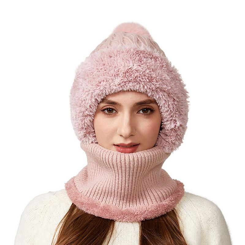 Knitted Hat Thick Velvet Mask Scarf All-in-one Hat   Winter Warm Hat for Women