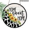 2D Flat, 1pc Round Aluminum "Home Sweet Home" Metal Sign, Rustic Cow Print & Sunflower Farmhouse Wall Plaque, Waterproof & Rustproof, Perfect for