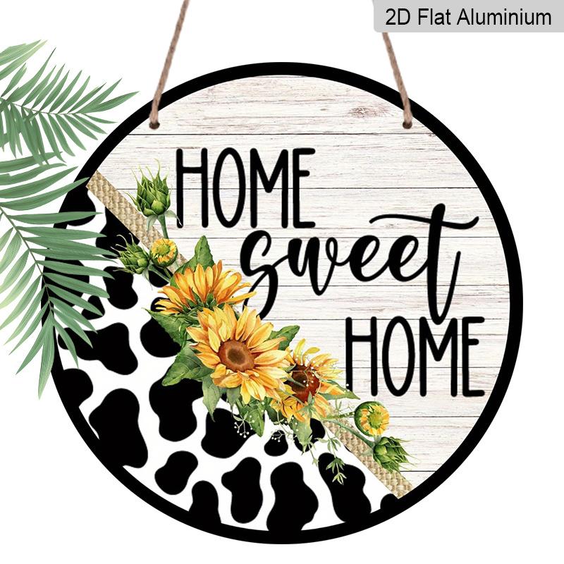 

2D Flat, 1pc Round Aluminum Home Sweet Home Metal Sign, Rustic Cow Print & Sunflower Farmhouse Wall Plaque, Waterproof & Rustproof, Perfect for 7.87×7.87inch