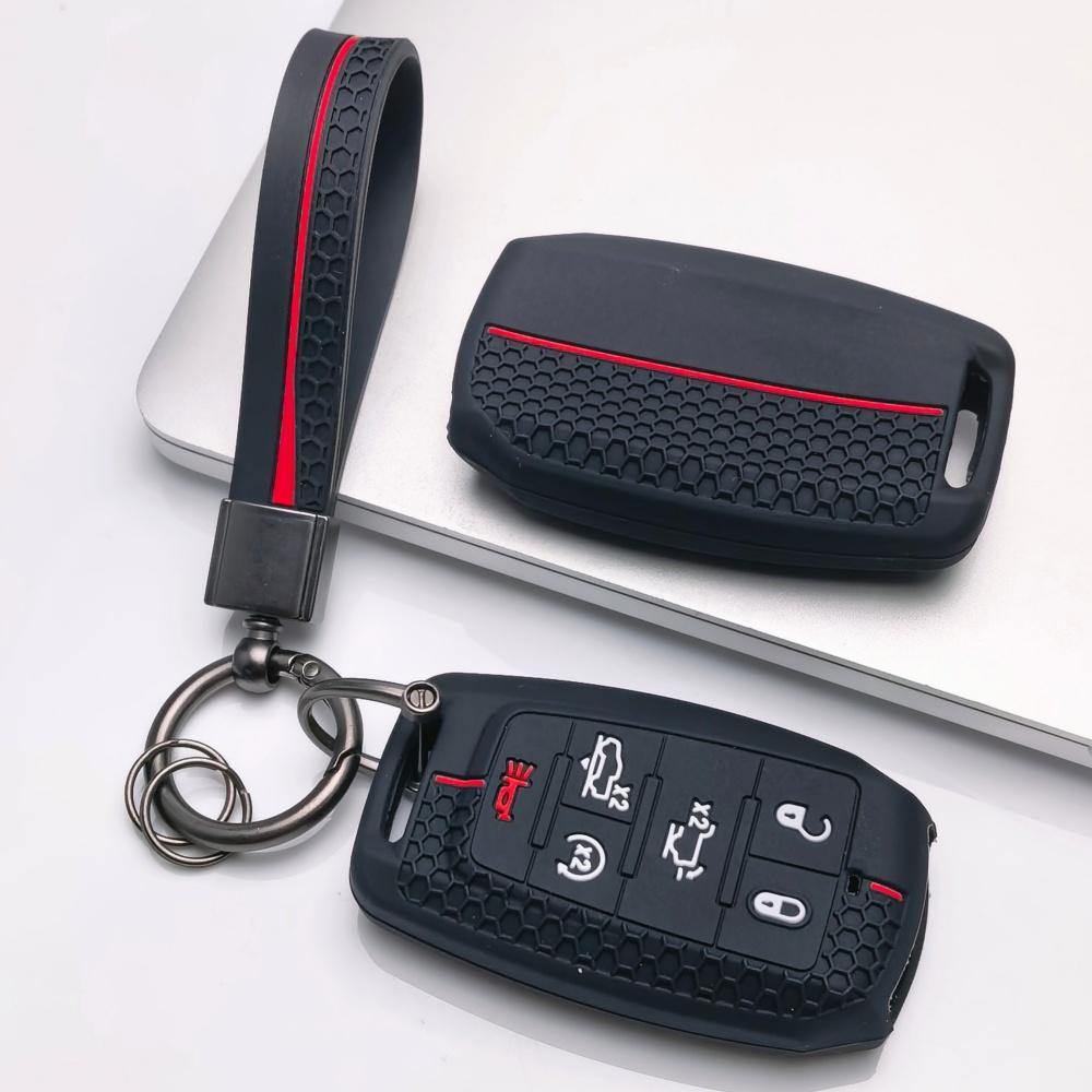 Silicone Key Fob Cover with Keychain for Dodge Durango Challenger Charger Chrysler 300 for Jeep Grand Cherokee Grand Wagoneer Protective Case Fits 6