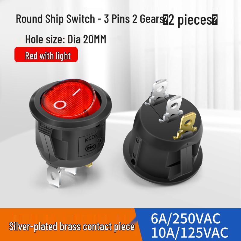 Waterproof Round Boat Rocker Switch with Illuminated Button, 2 Pins, 6A 250V, 20mm Hole